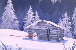 artist_name forest grass house huhv. nature no_humans original outdoors pine_tree rabbit red_scarf scarf scenery snow snowman tree winter