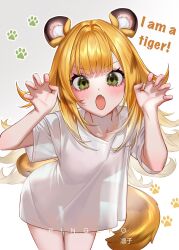 1girl animal_ear_fluff artist_name blonde_hair blush claw_pose collarbone colored_inner_hair commentary cowboy_shot english_text fang fingernails green_eyes hands_up highres ju_fufu leaning_forward long_hair looking_at_viewer multicolored_hair open_mouth ringeko-chan see-through_silhouette shirt skin_fang solo tail white_hair white_shirt zenless_zone_zero