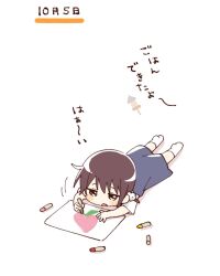 1girl blue_dress blush_stickers brown_eyes brown_hair child child&#039;s_drawing commentary_request crayon drawing_(action) dress full_body funami_mari hair_ornament highres holding holding_crayon lying mari_(yuruyuri) namori on_stomach open_mouth short_hair short_sleeves simple_background socks solo translation_request white_background white_socks yuruyuri