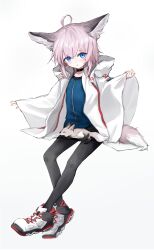 1girl absurdres ahikana ahoge animal animal_ears animal_on_leg arknights black_choker black_pantyhose blue_eyes choker commentary cross full_body gradient_background greek_cross grey_background hair_between_eyes highres hood hood_down invisible_chair looking_at_viewer pantyhose pink_hair red_cross shoes short_hair sitting sneakers solo sussurro_(arknights) tail white_background white_shoes zipper zipper_pull_tab