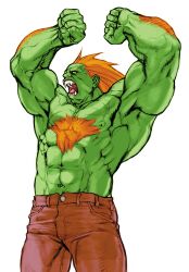 1boy \o/ arm_hair arms_up blanka capcom capcom_vs_snk_2 chest_hair clenched_hands colored_skin fangs game_cg green_skin highres male_focus muscular muscular_male nishimura_kinu no_pupils non-web_source official_art open_mouth orange_hair outstretched_arms sharp_teeth solo street_fighter teeth third-party_source topless_male veins veiny_arms white_background