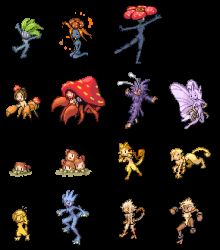 &gt;_&lt; 6+girls akai_(ugokashitari) angry animalization anklet antennae centauroid closed_eyes commentary_request creatures_(company) diglett dugtrio full_body game_freak gen_1_pokemon gloom_(pokemon) golduck jewelry leaf mankey meowth monster_girl multiple_girls mushroom nintendo oddish paras parasect persian personification pixel_art pokemon primeape psyduck taur transparent_background venomoth venonat vileplume white_background wings wrist_cuffs