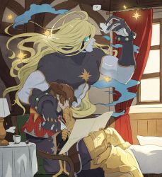 1boy ? armored_boots blonde_hair boots bracelet brown_hair capelet chair coat commentary_request cup curtains draph feet_out_of_frame geisenborger granblue_fantasy hand_on_another&#039;s_shoulder horns indoors inkwell jewelry lamp laziness035 crossed_legs long_hair paper quill short_hair signature sitting sparkle speech_bubble table teapot the_star_(granblue_fantasy) window writing
