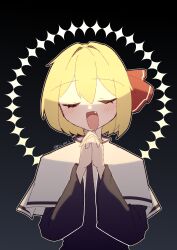 1girl absurdres alternate_costume black_dress blonde_hair blush capelet closed_eyes collared_capelet dress fang gradient_background hair_ribbon highres long_sleeves open_mouth own_hands_clasped own_hands_together praying red_ribbon ribbon rui_ene_k rumia short_hair solo touhou twitter_username white_capelet