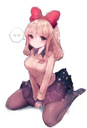 1girl ahoge barefoot bear_pin between_legs black_shirt black_skirt blonde_hair blush bow breasts brown_eyes collared_shirt commission hair_bow hand_between_legs highres looking_at_viewer medium_breasts pantyhose pleated_skirt popped_collar red_bow school_uniform shirt sidelocks sitting skirt soulworker speech_bubble sweater t_t wariza wide_ponytail wing_collar yomi_yojo