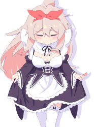 1girl absurdres achat_8 ahoge blush breasts closed_eyes colored_inner_hair commentary cosplay curtsey frills garter_straps grey_hair hairband highres kouno_marika long_hair long_sleeves medium_breasts multicolored_hair onii-chan_wa_oshimai! oyama_mahiro pink_hair re:zero_kara_hajimeru_isekai_seikatsu red_hairband roswaal_mansion_maid_uniform skirt_hold solo thighhighs two-tone_hair very_long_hair voice_actor_connection white_garter_straps white_thighhighs wide_sleeves yurie_mouth