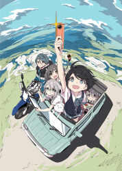 Rule 34 | 5girls, absurdres, action camera, afro (kngotezo), akiyama haruno, amamiya satsuki (mono), aqua eyes, black hair, brown eyes, brown hair, camera, car, closed mouth, coat, commentary request, eating, glasses, green skirt, hair between eyes, highres, holding, holding camera, holding stylus, holding tablet pc, kiriyama an, komada kako, long hair, mono (afro), motor vehicle, motorcycle, mountain, multicolored coat, multiple girls, official art, on motorcycle, open mouth, scenery, school uniform, shikishima sakurako, shirt, short hair, short sleeves, sitting, skirt, smile, standing, stylus, sweater, tablet pc, thick eyebrows, video camera, white shirt