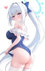 Rule 34 | 1girl, alternate breast size, ass, balut (7676i), blue archive, blue halo, blush, breasts, commentary request, frilled one-piece swimsuit, frills, halo, heart, highres, large breasts, long hair, looking at viewer, miyako (blue archive), miyako (swimsuit) (blue archive), one-piece swimsuit, ponytail, purple eyes, simple background, solo, swimsuit, thighhighs, very long hair, white background, white hair, white thighhighs