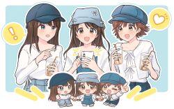 ! 3girls alternate_costume aqua_eyes arm_up artist_name baseball_cap blue_background blue_dress blue_hat blue_pants blue_skirt blush blush_stickers border breasts brown_hair bucket_hat cellphone chibi clenched_hand collarbone commentary_request cup disposable_cup dot_nose dress drink drinking_straw fingernails flat_cap full_body hands_up hat hat_ribbon heart high-waist_pants holding holding_cup holding_drink holding_hands holding_phone honda_mio huzi_i12 ice ice_cube idolmaster idolmaster_cinderella_girls image_in_speech_bubble long_hair long_sleeves looking_at_another medium_breasts multiple_girls multiple_views new_generations_(idolmaster) notice_lines one_eye_closed open_clothes open_mouth open_shirt outline outside_border pants phone pointing pointing_at_object ribbon shibuya_rin shimamura_uzuki shirt shirt_ribbon shoes short_sleeves sidelocks skirt smartphone smile speech_bubble standing straight_hair swept_bangs teeth thick_outlines three_quarter_view tongue twitter_username upper_body upper_teeth_only wavy_hair white_border white_outline white_ribbon white_shirt white_shoes yellow_eyes
