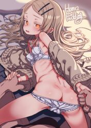 Rule 34 | 1boy, 1girl, artist name, ass, bra, breasts, brown cardigan, brown hair, butt crack, cardigan, commentary request, gakuen idolmaster, hair ornament, hairclip, hetero, highres, holding hands, idolmaster, long hair, long sleeves, looking at viewer, open mouth, orange eyes, paid reward available, panties, panty pull, parallel hairclips, puddinghomhom, shinosawa hiro, signature, small breasts, solo focus, thick eyebrows, underwear, variant set, white bra, white panties