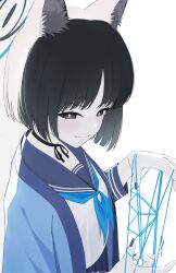 1girl animal_ear_fluff animal_ears black_eyes black_nails black_necktie blue_archive blue_halo blue_neckerchief blue_string bright_pupils cat&#039;s_cradle cat_ears cat_girl commentary halo highres kikyou_(blue_archive) kimono_on_shoulders light_blush looking_at_viewer neckerchief necktie pale_skin short_hair smile solo white_background white_pupils yuzuki3280