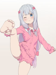 1girl barefoot blue_eyes bow commentary_request eromanga_sensei feet foot_focus foreshortening grey_background hair_bow hand_on_own_leg highres izumi_sagiri leg_hold leg_lift leg_up legs long_hair low-tied_long_hair misashi_(raichi821) one_eye_closed pink_shirt pink_shorts ribbon shirt short_shorts shorts silver_hair simple_background sleepwear soles solo split standing standing_on_one_leg standing_split toes