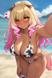1girl absurdres animal_ears animal_print bare_shoulders beach bikini blonde_hair blue_sky blush breasts cleavage collarbone cow_ears cow_horns cow_print cow_print_bikini dark-skinned_female dark_skin fate/grand_order fate_(series) fox_girl fox_tail gradient_hair highres horns large_breasts long_hair looking_at_viewer multicolored_hair navel one_eye_closed outstretched_arm pink_hair print_bikini raskasar shore sidelocks sky solo suzuka_gozen_(fate) suzuka_gozen_(swimsuit_rider)_(fate) swimsuit tail tan thighs tongue tongue_out white_bikini yellow_eyes