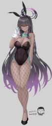 1girl absurdly_long_hair absurdres animal_ears arm_tattoo doodle_sensei_(blue_archive) bare_shoulders black_hair black_leotard blue_archive bow breasts cameo chinese_commentary cleavage commentary dark-skinned_female dark_skin detached_collar earrings eyes_visible_through_hair fake_animal_ears fishnet_pantyhose fishnets full_body gloves gradient_hair grey_background hair_between_eyes hairband high_heels highleg highleg_leotard highres jewelry karin_(blue_archive) karin_(bunny)_(blue_archive) large_breasts leotard long_hair looking_at_viewer multicolored_hair official_alternate_costume pantyhose parted_lips playboy_bunny rabbit_ears sensei_(blue_archive) sidelocks simple_background sleeveless solo standing strapless strapless_leotard tattoo very_long_hair white_gloves wristband yellow_eyes ying_yanyu