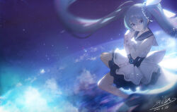 1girl absurdres bare_arms blue_archive blue_eyes blue_hair blue_sailor_collar dress hair_between_eyes hatsune_miku hayate_(1034853996) highres long_hair looking_at_viewer open_mouth own_hands_together sailor_collar sidelocks sleeveless sleeveless_dress solo twintails vocaloid white_dress