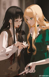 2girls absurdres black_hair blonde_hair blood blood_on_clothes blood_on_face brown_sweater_vest chinese_commentary chongzhen_085 chromatic_aberration dress earrings eye_contact gloves green_dress green_eyes highres jewelry long_hair looking_at_another multiple_girls original red_eyes sweater_vest