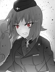 1girl black_hat black_jacket brown_hair clenched_teeth cross eyes_visible_through_hair garrison_cap girls_und_panzer greyscale hair_between_eyes hat highres iron_cross jacket kuromorimine_military_uniform military military_hat military_uniform military_vehicle monochrome motor_vehicle nishizumi_maho on_tank open_hatch oshiaki outdoors red_eyes shirt short_hair simple_background solo solo_focus tank teeth throat_microphone tiger_i upper_body white_background