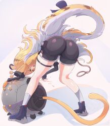 1girl absurdres animal_ears ass bent_over black_gloves black_shorts blonde_hair blue_shoes fingerless_gloves from_behind full_body glint gloves green_eyes highres jacket ju_fufu kara_mana0 long_hair shoes shorts simple_background socks solo tail thigh_strap tiger_ears tiger_girl tiger_tail white_hair white_socks yellow_jacket zenless_zone_zero