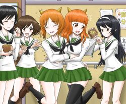 Rule 34 | ahoge, akiyama yukari, arm around waist, beans, black hair, black scarf, black thighhighs, box, breasts, brown eyes, brown footwear, brown hair, closed eyes, curly hair, door, eating, girls und panzer, hairband, harukai-i, highres, holding, holding box, indoors, isuzu hana, long hair, nishizumi miho, ooarai school uniform, orange eyes, orange hair, reizei mako, scarf, school uniform, serafuku, setsubun, short hair, straight hair, takebe saori, thighhighs, white hairband, white serafuku