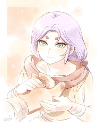 2boys androgynous aries_muu eyelashes eyeliner green_eyes hikimayu holding_hands large_hands long_hair looking_at_viewer low_ponytail makeup male_focus mizuhara_aki multiple_boys ponytail pov pov_hands purple_hair red_eyeliner saint_seiya smile taurus_aldebaran