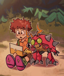 Rule 34 | antennae, black eyes, brown hair, bug, claws, digimon, digimon (creature), digimon adventure, exoskeleton, highres, izumi koshiro, short hair, spikes, tentomon