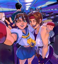 2girls absurdres aircraft airplane arm_around_neck artist_name braid braided_ponytail breasts brown_eyes brown_hair crossover crowd fingerless_gloves gloves headband highres japanese_clothes kasugano_sakura large_breasts looking_at_viewer midriff multiple_girls navel one_eye_closed open_mouth outstretched_arm relusionh ryuuko_no_ken school_uniform selfie short_hair skirt snk spandex street_fighter teeth the_king_of_fighters tongue v wink yuri_sakazaki