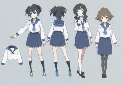 3girls absurdres black_hair black_rock_shooter blue_eyes blue_sailor_collar blue_skirt brown_hair concept_art green_eyes highres koutari_yuu kuroi_mato matsuo_yuusuke medium_hair multiple_girls neckerchief official_art orange_eyes pleated_skirt production_art sailor_collar school_uniform serafuku short_hair short_twintails skirt takanashi_yomi twintails