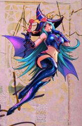 1girl aqua_hair armlet boots breasts chocolate_magician_girl closed_eyes commentary english_commentary gloves hat heart high_heels highres holding holding_wand jewelry large_breasts long_hair looking_at_viewer midriff narrow_waist navel pentagram pointy_ears red_eyes shorts sleeveless solo sozomaika thick_thighs thigh_boots thighs very_long_hair wand wide_hips wizard_hat yu-gi-oh!