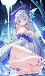 1girl absurdres anus arm_under_breasts armpits ass barefoot blush breasts censored dress feet genshin_impact gloves gradient_gloves gradient_thighhighs highres holding holding_sword holding_weapon jndfh large_breasts long_hair looking_at_viewer mosaic_censoring navel night night_sky nipples no_shoes parted_lips purple_gloves pussy sitting skirk_(genshin_impact) sky soles solo stomach sword toes weapon white_dress white_hair yokozuwari