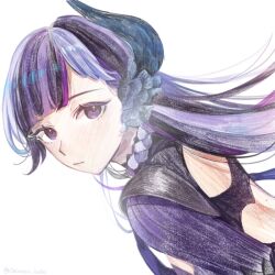 1girl afk_(series) afk_journey armor black_dress black_hair chironex_bobo closed_mouth dress dutch_angle from_behind lily_may_(afk) long_hair looking_at_viewer looking_back multicolored_hair purple_eyes purple_hair shoulder_armor solo upper_body white_hair