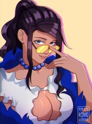 1girl absurdres black_hair blue_eyes breasts cleavage colored_shadow commentary dress english_commentary feather_boa gold_eyeshadow highres jewelry necklace nico_robin one_piece one_piece_film:_gold pearl_necklace pkhibiya ponytail shadow sidelocks smile solo sunglasses swept_bangs upper_body white_dress yellow_background