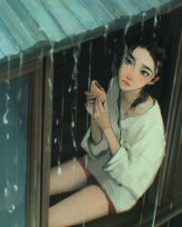 1girl black_hair braid bread_bun brown_eyes cowboy_shot dim_lighting food from_above hair_over_shoulder hair_slicked_back highres holding holding_food indoors light_frown original rain red_bean_paste red_shorts robe roof_shingles sam_yang shorts single_braid sitting water_drop white_robe