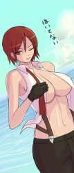 1girl bisco_(letitbleed) breasts curvy female_focus formal_clothes gloves japanese_text large_breasts leather no_bra one_eye_closed open_clothes outdoors pale_skin pants red_eyes red_hair shiny_skin shirt short_hair sleeveless smile standing suspenders the_king_of_fighters thighs undressing vanessa_(kof) water white_shirt wide_hips wind