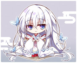 1girl blue_butterfly blue_eyes blunt_ends blush_stickers border bug butterfly c: chibi chibi_only closed_mouth eyelashes eyes_visible_through_hair full_body grey_background hair_between_eyes hakama hands_up hashtag-only_commentary highres insect japanese_clothes kimono long_hair long_sleeves looking_at_viewer miko mikuyaa39 naruse_shiroha official_alternate_costume outline outstretched_hand red_hakama sidelocks simple_background smile solo split_mouth standing summer_pockets very_long_hair white_border white_hair white_kimono white_outline wide_sleeves