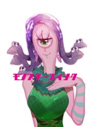 1girl airagency1005 animification celia_mae colored_skin curly_hair cyclops dress fur_trim living_hair monster_girl monsters_inc. one-eyed purple_hair short_hair sleeveless sleeveless_dress smile snake snake_hair solo