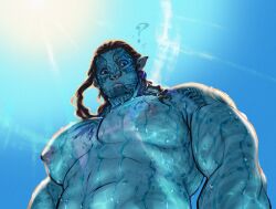 1boy abs arms_at_sides avatar:_the_way_of_water bara big_nose blue_skin colored_skin day facial_mark fish_boy foreshortening from_below huge_pectorals ink_(twistydr0p) james_cameron&#039;s_avatar james_cameron&#039;s_avatar looking_at_viewer male_focus muscular muscular_male nipples nude pectoral_focus pectorals pointy_ears solo strongman_waist sunlight tareme thick_eyebrows tonowari_(avatar) uneven_eyes upper_body wet