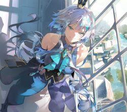 1girl absurdres arms_behind_back bare_shoulders blue_hair breasts buri_(retty9349) cerydra_(honkai:_star_rail) closed_mouth dress floating_hair grey_hair highres honkai:_star_rail honkai_(series) indoors leaning_forward long_hair looking_at_viewer multicolored_dress multicolored_hair smile solo window