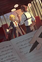 Rule 34 | ..., 1boy, 1girl, ?, black coat, black pants, blonde hair, brown hair, coat, collared shirt, dark-skinned male, dark skin, don quixote (project moon), heathcliff (project moon), highres, killerohan, limbus company, long sleeves, looking at another, necktie, open mouth, pants, pen, project moon, purple eyes, red necktie, scar, shirt, short hair, standing, upper body, white shirt, writing