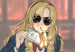 1girl a_better_tomorrow banknote billionaire_touyokoin_reika blonde_hair blue_jacket blurry blurry_background bow bowtie burning curtained_hair facing_viewer fire hairband holding holding_money jacket lighting_cigarette long_hair money okiraku_boy parody red_bow red_bowtie red_hairband ringlets school_uniform smoking solo sunglasses touyokoin_reika upper_body
