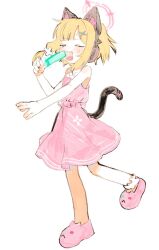 1girl animal_ear_headphones animal_ears blonde_hair blue_archive cat_ear_headphones cat_tail dress fake_animal_ears fang food full_body hair_ornament halo headphones holding holding_food holding_popsicle low_twintails momoi_(blue_archive) one_eye_closed open_mouth pink_dress pink_eyes pink_halo popsicle shinbashi_seiji short_hair simple_background sleeveless sleeveless_dress solo standing standing_on_one_leg tail twintails white_background x_hair_ornament