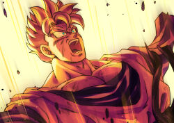 1boy absurdres aqua_eyes blonde_hair boriroba collarbone commentary_request dirty dirty_clothes dirty_face dougi dragon_ball dragonball_z floating_clothes floating_hair highres imminent_death looking_up male_focus missing_limb muscular muscular_male open_mouth orange_dougi scar scar_across_eye scar_on_face short_hair solo son_gohan son_gohan_(future) spiked_hair super_saiyan toriyama_akira_(style) upper_body wide-eyed yellow_background