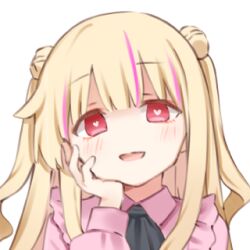 1girl bad_link blonde_hair heart heart-shaped_pupils little_witch_nobeta long_hair long_sleeves looking_at_viewer lowres multicolored_hair nobeta nobeta_(land_mine_girl_skin) official_art open_mouth pink_shirt portrait red_eyes shirt simple_background solo symbol-shaped_pupils transparent_background two-tone_hair