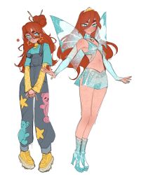 1girl animal_print armpits bare_legs bare_shoulders bear_print bloom_(winx_club) blue_arm_warmers blue_boots blue_eyes blue_nails blue_overalls blue_shirt blue_skirt blue_wings boots breasts bright_pupils buttons cleavage cleavage_cutout closed_mouth clothing_cutout color_guide commentary earrings english_commentary expressionless fairy fairy_wings floral_print freckles full_body glitter gold_tiara hair_between_eyes hair_bun happy heart_cutout high_heel_boots high_heels highres jewelry layered_shirt layered_sleeves light_frown long_hair long_hair_between_eyes long_sleeves looking_at_viewer magical_girl microskirt midriff nail_polish navel overalls own_hands_together paint_splatter paint_splatter_on_face paintbrush platform_boots pocket red_hair redesign reference_sheet shirt shoes short_over_long_sleeves short_sleeves side_slit simple_background single_hair_bun skirt skirt_set small_breasts smile sneakers star_(symbol) star_earrings star_print strap_slip t-shirt thick_eyebrows transparent_wings turtleneck turtleneck_shirt variations very_long_hair white_background white_pupils wikate wings winx_club yellow_shirt yellow_shoes