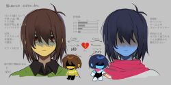 1other blue_skin chibi collared_shirt colored_skin deltarune drifter_delta hair_over_eyes kris_(dark_world)_(deltarune) kris_(deltarune) looking_at_viewer partially_shaded_face pink_scarf red_eyes scarf shirt short_hair simple_background sword translation_request weapon yellow_skin