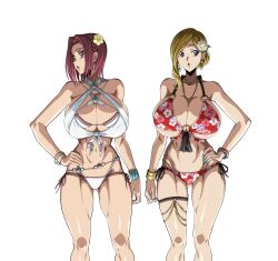 2girls alternate_breast_size bare_shoulders bikini blonde_hair bracelet breasts code_geass collarbone curvy flower flower_on_head hair_bun hair_flower hair_ornament hand_on_own_hip highres iwao178 jewelry kouzuki_kallen large_breasts looking_to_the_side milly_ashford multiple_girls open_mouth red_hair shiny_skin simple_background swimsuit thigh_strap thong thong_bikini white_background wide_hips