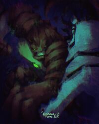 Rule 34 | 1boy, 1other, absurdres, alien, battle, ben 10, ben 10: alien force, clenched teeth, duel, enagatori 38, fighting, glowing, glowing eyes, green eyes, highbreed (ben 10), highres, humungousaur, male focus, no humans, omnitrix, punching, signature, tail, teeth