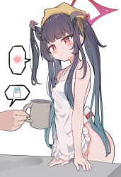 1girl absurdres apron arm_support bare_arms bare_shoulders black_hair blue_archive blush breasts bright_pupils closed_mouth coffee_mug commentary_request covered_erect_nipples cum cumdrip cup demon_horns embarrassed fuuka_(blue_archive) gro_(lee145879) halo headscarf heavy_breathing highres horns lactation lactation_through_clothes leaning_forward loli long_hair milk_carton mug naked_apron red_eyes simple_background small_breasts solo speech_bubble spoken_blush spoken_symbol sweatdrop twintails very_long_hair white_background white_pupils