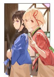 2girls absurdres black_hair blonde_hair blue_kimono blush bob_cut border chinese_commentary closed_mouth commentary_request dkl_(dinosaurkl2) hair_between_eyes hair_ribbon highres indoors inoue_takina japanese_clothes kimono light_particles long_hair lycoris_recoil multiple_girls nishikigi_chisato official_alternate_costume official_alternate_hairstyle one_side_up outside_border purple_eyes red_eyes red_kimono red_ribbon ribbon short_hair sidelocks three-quarter_sleeves smile tasuki twintails v white_border