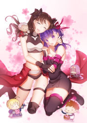 2boys 4girls ahoge archer_(fate) archer_(fate)_(cosplay) arkray artoria_pendragon_(fate) bare_shoulders black_gloves black_legwear blonde_hair bow breasts brown_hair camera chibi cleavage commentary_request cosplay emiya_shirou fate/stay_night fate_(series) fingerless_gloves gloves green_eyes hair_bow hair_ribbon highres long_hair matou_sakura medium_breasts medusa_(fate) medusa_(rider)_(fate) medusa_(rider)_(fate)_(cosplay) midriff multiple_boys multiple_girls official_alternate_costume orange_hair petals purple_eyes purple_hair revision ribbon saber_(fate) short_hair siblings sisters thighhighs tohsaka_rin two_side_up white_hair zettai_ryouiki