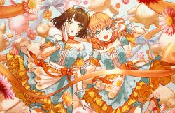 Rule 34 | 2girls, :d, :o, aqua eyes, bare shoulders, black hair, blue bow, blue dress, blunt bangs, blunt ends, blush, bob cut, bow, bow choker, bow hairband, breasts, celebration! (love live!), cerise bouquet, choker, collarbone, colored shoe soles, cowboy shot, crossed bangs, daisy (flower), detached sleeves, dress, eye contact, finger to cheek, flower, flower hairband, frilled dress, frilled gloves, frills, game cg, gloves, green eyes, hairband, hand on another&#039;s arm, highres, hinoshita kaho, link! like! love live!, looking at another, looking to the side, love live!, medium breasts, momose ginko, multiple girls, non-web source, official alternate costume, official art, open mouth, orange bow, orange choker, orange flower, orange hair, orange hairband, orange ribbon, orange shoes, puffy short sleeves, puffy sleeves, red panda, ribbon, shoes, short hair, short sleeves, smile, socks, strapless, strapless dress, stuffed animal, stuffed fox, stuffed rabbit, stuffed toy, stuffed turtle, teeth, two side up, upper teeth only, virtual youtuber, white flower, white gloves, white socks